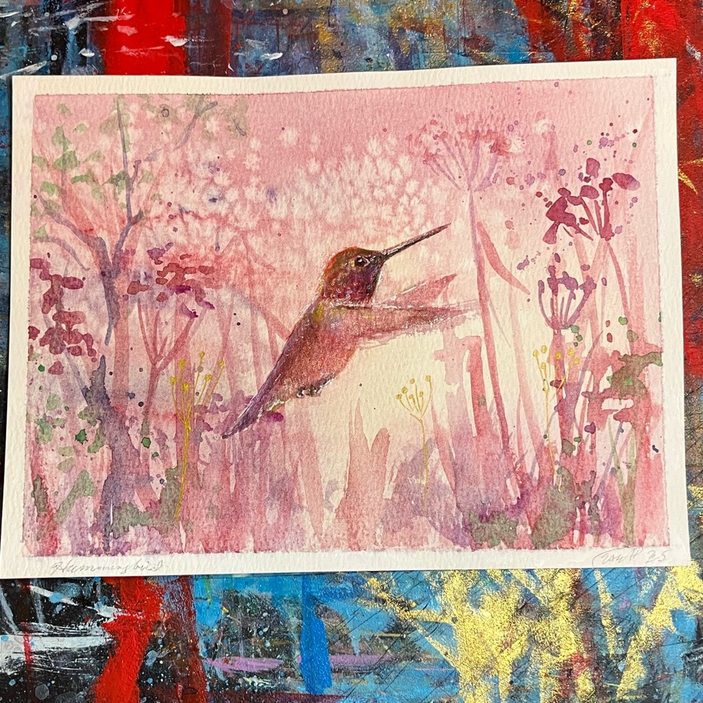 Original painting Hummingbird watercolor art shh sunset handmade bird nature EAE